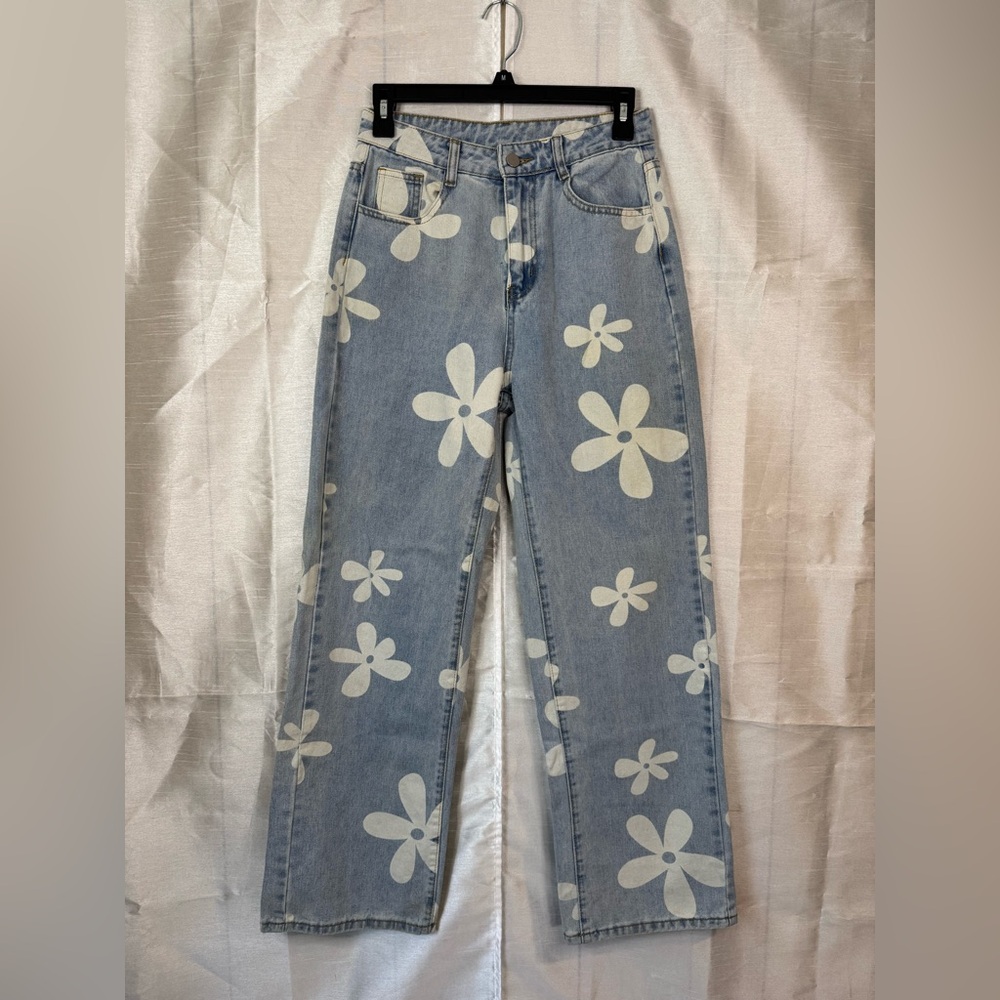SHEIN Blue and White Straight Leg Floral Jeans